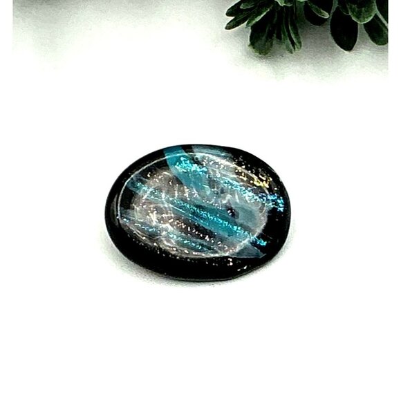 Handcrafted Dichroic Glass Oval Brooch Pin With Blue and Gold Accents - Picture 2 of 4